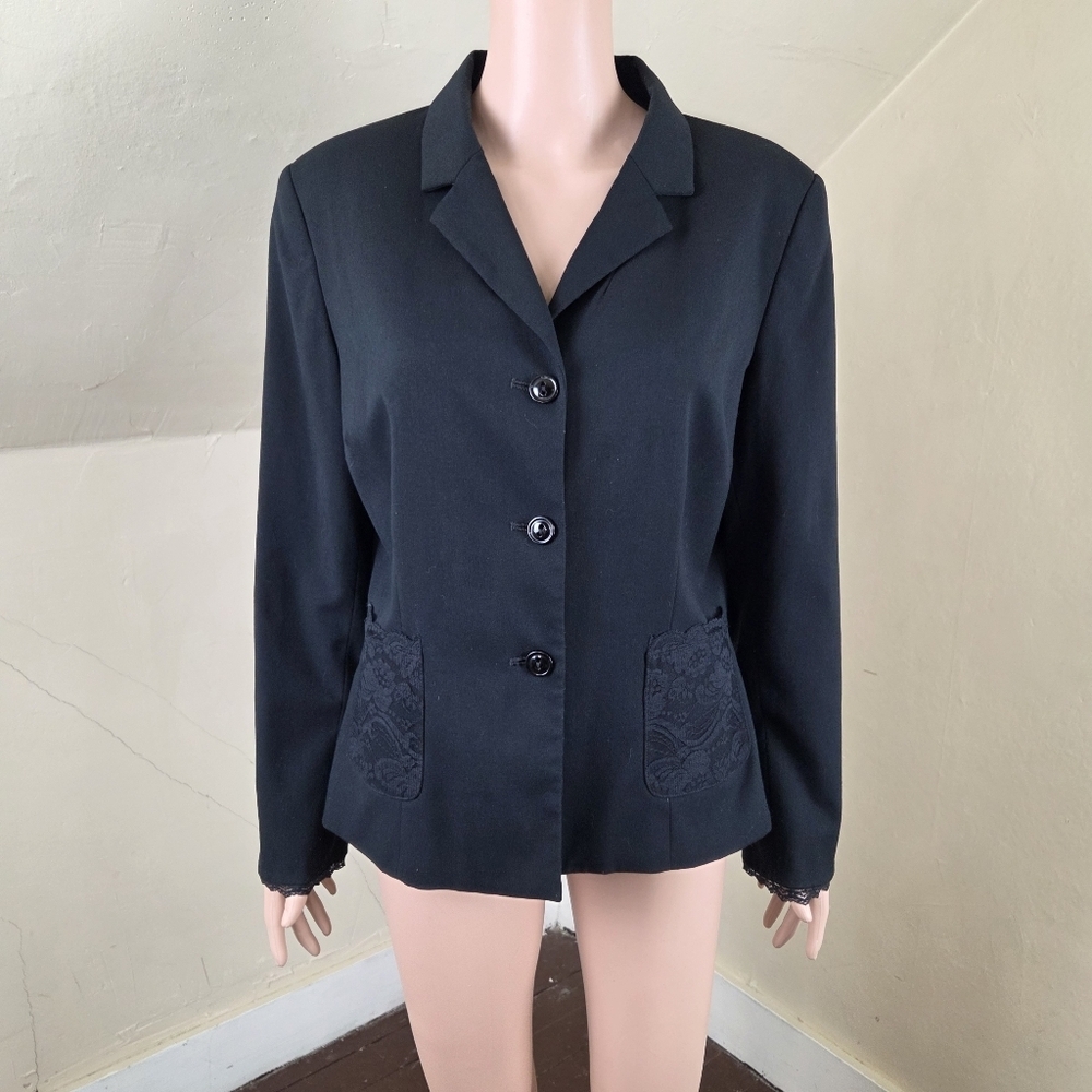 Oscar de la Renta Navy Blue Blazer Jacket Lace Trim Pockets Career Classic 12